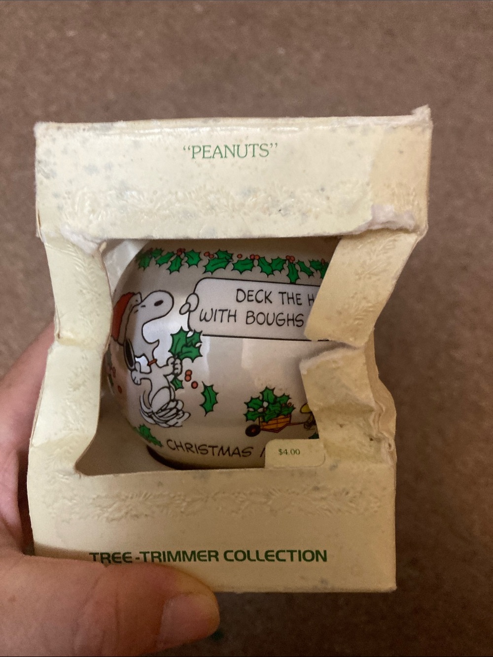 Hallmark Peanuts 1981 Snoopy White Ornament with Green Holly and Red Berries